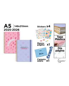 AGENDA ESCOLAR CERVANTES POLIPROPILENO ESPIRAL FRASES CON GOMA A5 DIA PAGINA