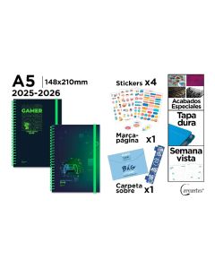 AGENDA ESCOLAR CERVANTES TAPA DURA ESPIRAL GAMER CON GOMA A5 SEMANA VISTA